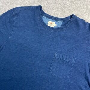 Faherty Mens Shirt XL Blue Cotton Short Sleeve Striped Indigo Sunwashed Pocket